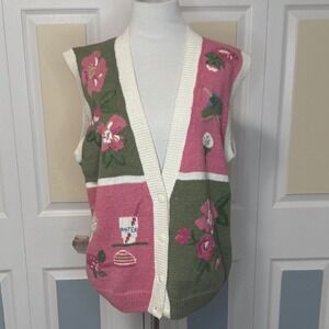 Vintage KORET SPORT Golf Tennis Floral Knit Vest Size S Pink Green Button Front